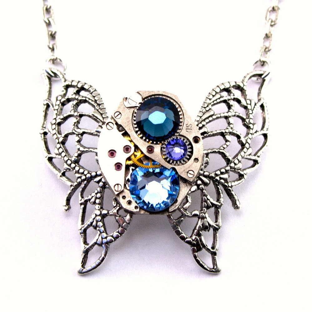Steampunk Necklace - A Vintage Clockwork Butterfly & Light Sapphire Blue and Montana Swarovski Crystals - PROMPTLY SHIPPED Steampunk Jewelry