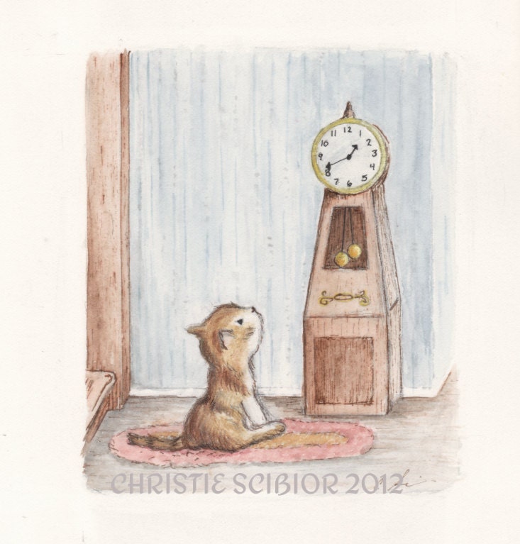 5x7 Archival Art Print Kitty cat and clock Watercolor Wall Art Home Decor Great Gift