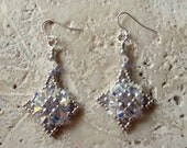 Sparkly Swarovski Crystal and Pearl square motif Earrings Beadwoven and Special