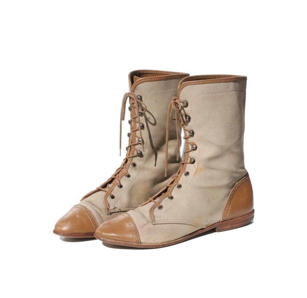 Mid Calf Canvas & leather Lace up Boots size 6.5