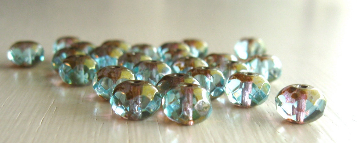 25 Light Blue/Bronze Faceted 6x8mm Rondelles - Czech Glass Beads