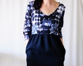 Abstract Dot Two-Tone Skater Dress with Long Sleeves, Side Pockets - S - M