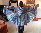 Cashmere Upcycled Sweater Coat in Blues, Periwinkles and Aqua with Elf hood