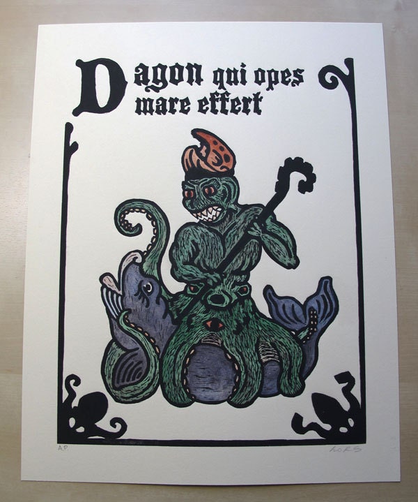Dagon colored artist proof hand pulled woodcut Necronomicon page