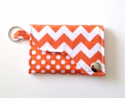 Chevron and Dot Tri-fold Credit Card / Business Card Holder/ Keyfob  in orange