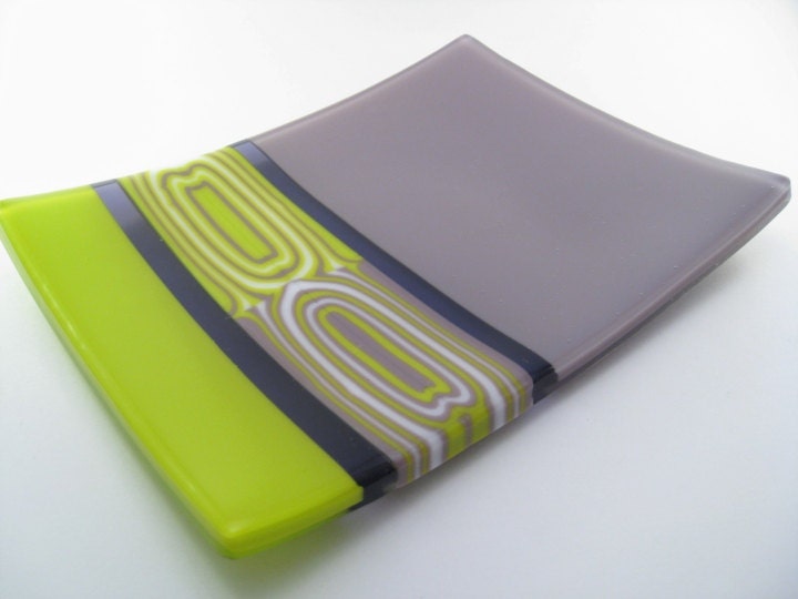 Fused Glass Dish Green Purple Pattern Bar