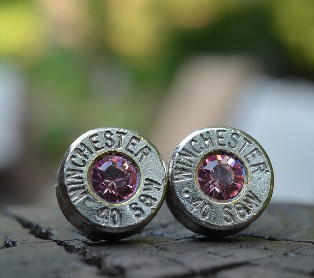 Bullet Earrings stud or post, nickel silver Winchester .40 S&W with Swarovski crystals