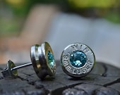 Bullet Earrings stud or post, nickel silver Winchester 9mm Luger with Swarovski crystals