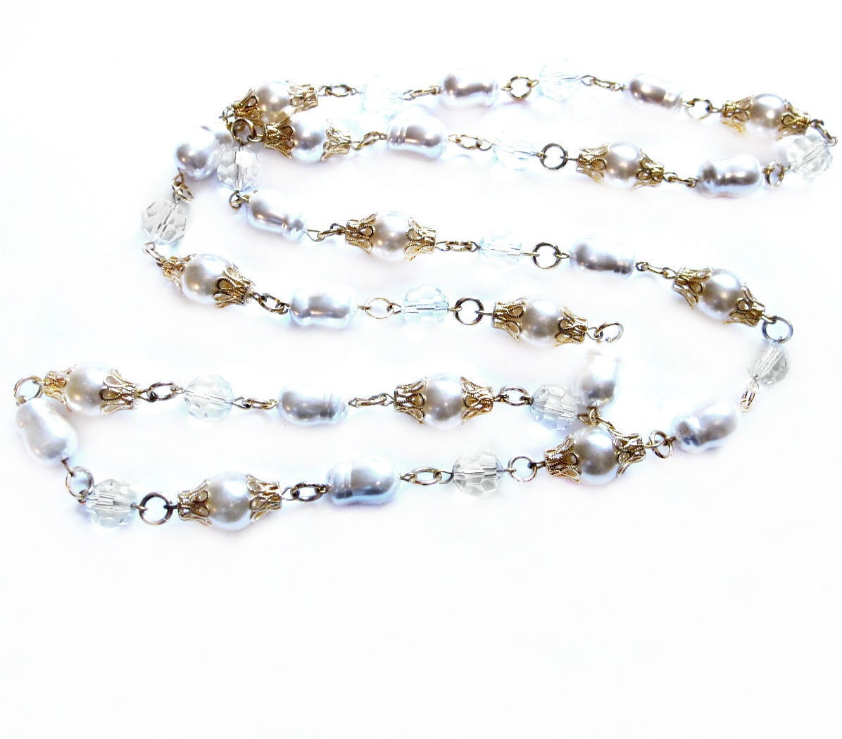 60s Beaded Chain Necklace, Crystal / Pearl