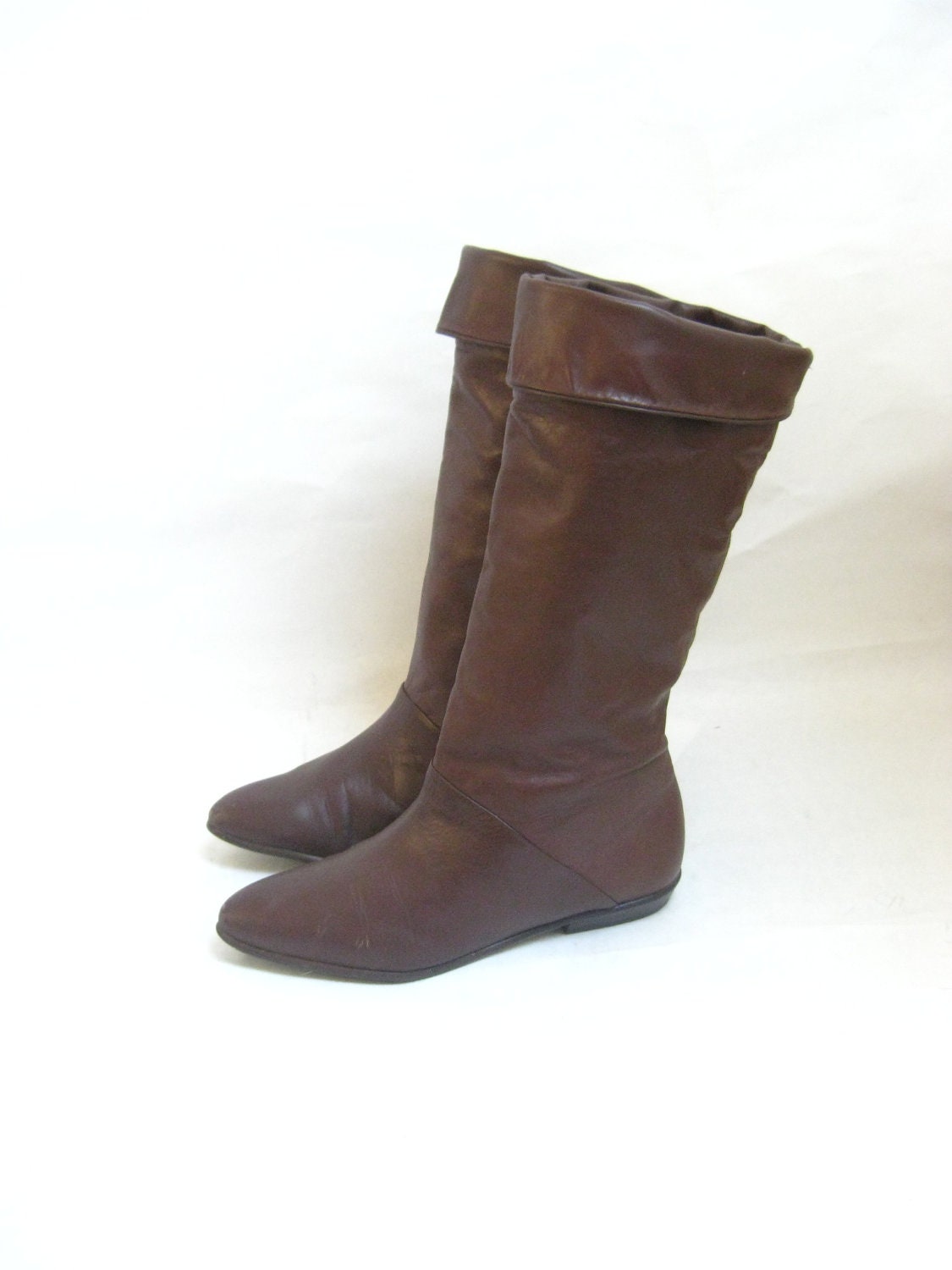 Vintage 80s Brown Leather Tall Cuff Riding Boots. Size 7