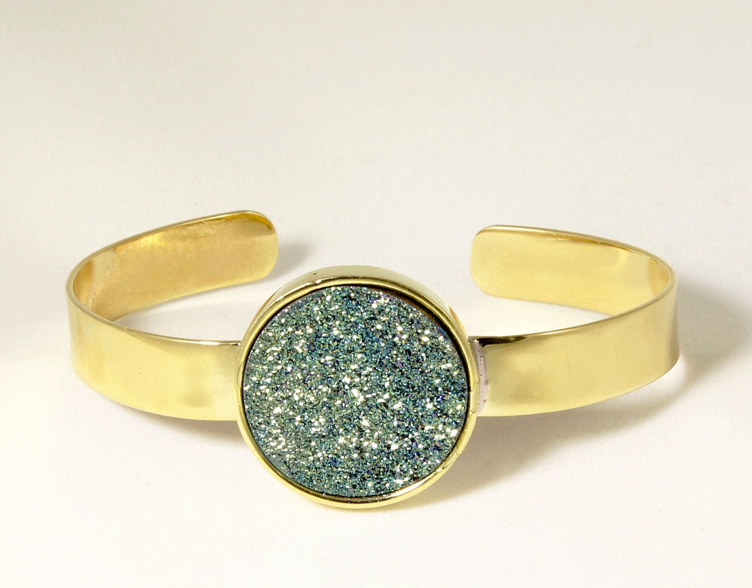 Green Druzy Titanium Gold Bezel Cuff Bracelet Adjustable