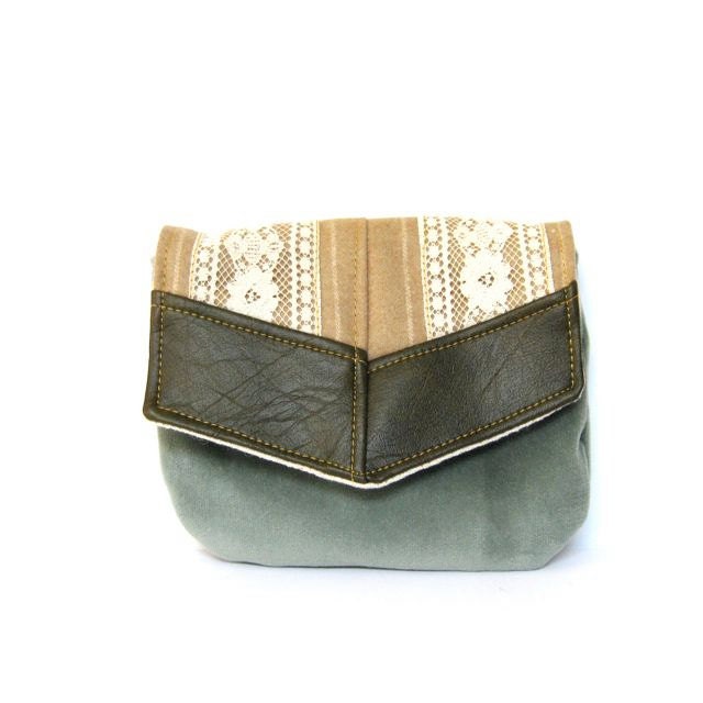 travel clutch // aqua velveteen - tan wool - vintage lace - olive vegan leather // cosmetics bag with mirror