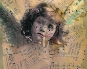 ZNE Mixed Media Collage - Art by ruby -Little Thoughtful Angel - 4x4 Canvas Panel