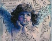 ZNE Mixed Media Collage - Art by ruby -Little Blue Angel - 4x4 Canvas Panel