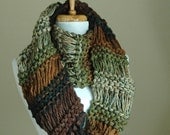 Chunky Hand Knit Infinity Scarf in Neutral Shades of Brown and Green Drop Stitch Original Design