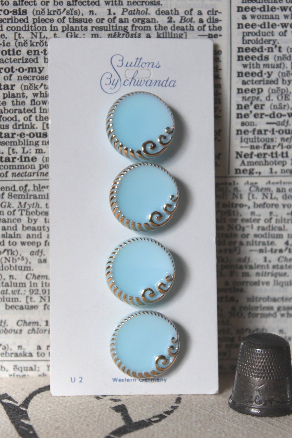 Vintage glass buttons Aqua sky blue round qty 4 Schwanda NOS
