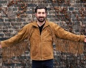 FREE SHIP 70's Mens Vintage Fringed Tan Suede Jacket- Size Medium/Large
