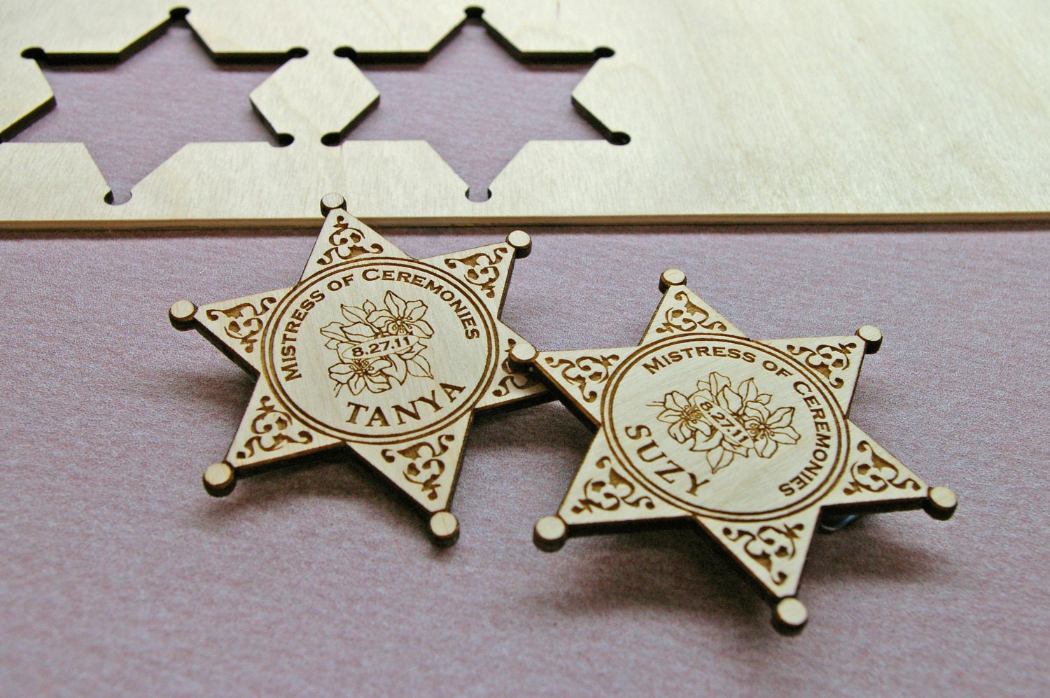 Wood engraved custom name badges
