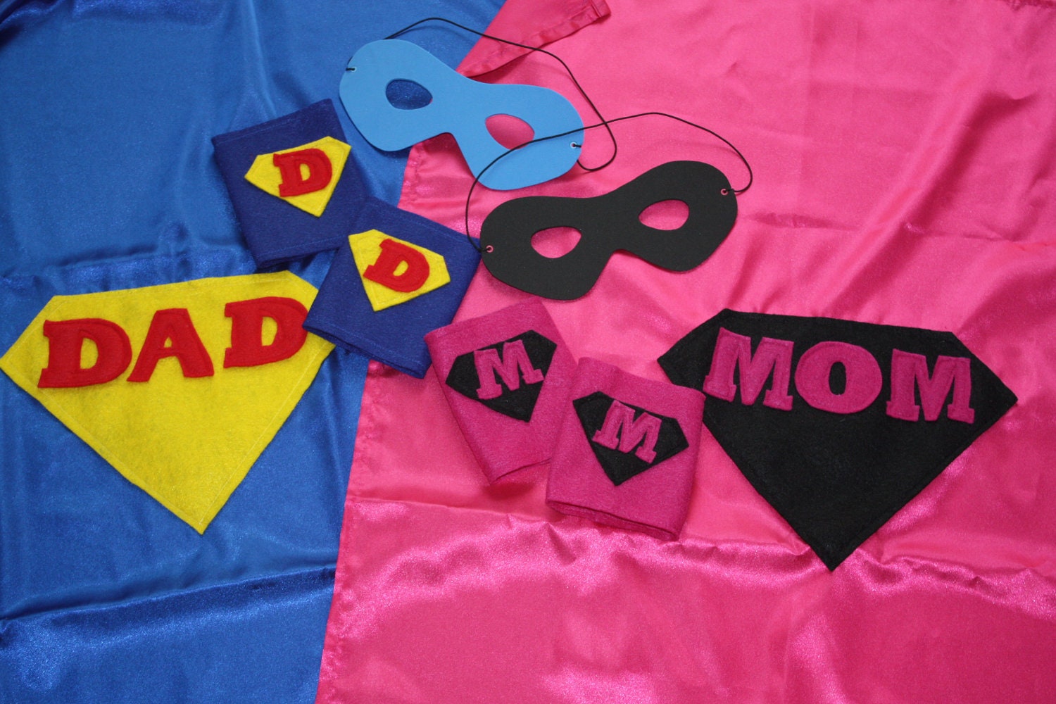Super DAD and Super MOM Costumes- 3 piece set- Cape, wristbands, mask