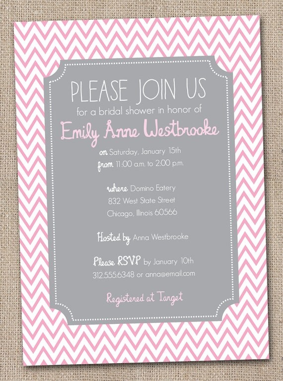 Printable Bridal Shower Invitation Gray and Pink Chevron Stripes Digital Design Il_570xn