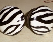 Zebra Print Black and White Ceramic Metal Base Drawer Knob Pulls Set of 2