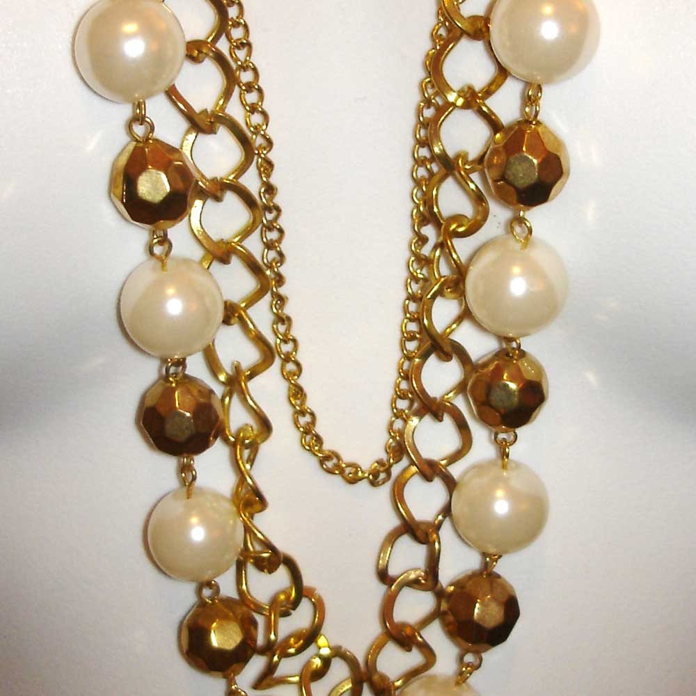 vintage gold chains, beads, and pearls bib necklace