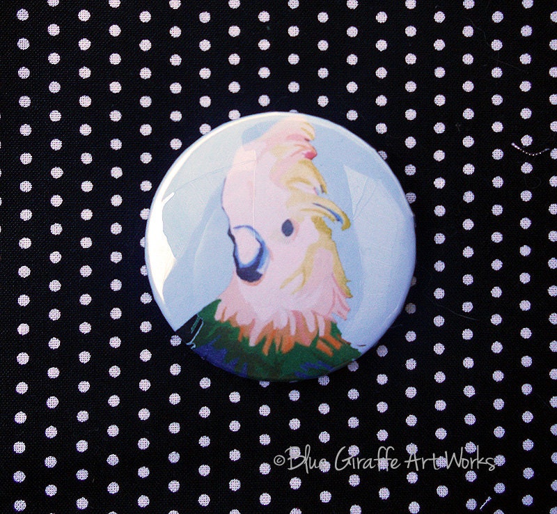 Handmade Pin Back Button featuring an original portrait of a Bird