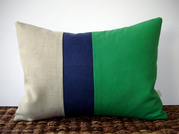 Color Block Stripe Pillow in Kelly Green, Navy and Natural Linen by JillianReneDecor (12x16) Modern Home Decor Stripe Trio