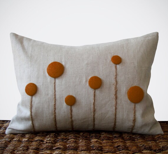 Rust Billy Ball Flower Pillow in Natural Linen by JillianReneDecor Billy Button Craspedia Botanical Winter Home Decor Copper Burnt Orange