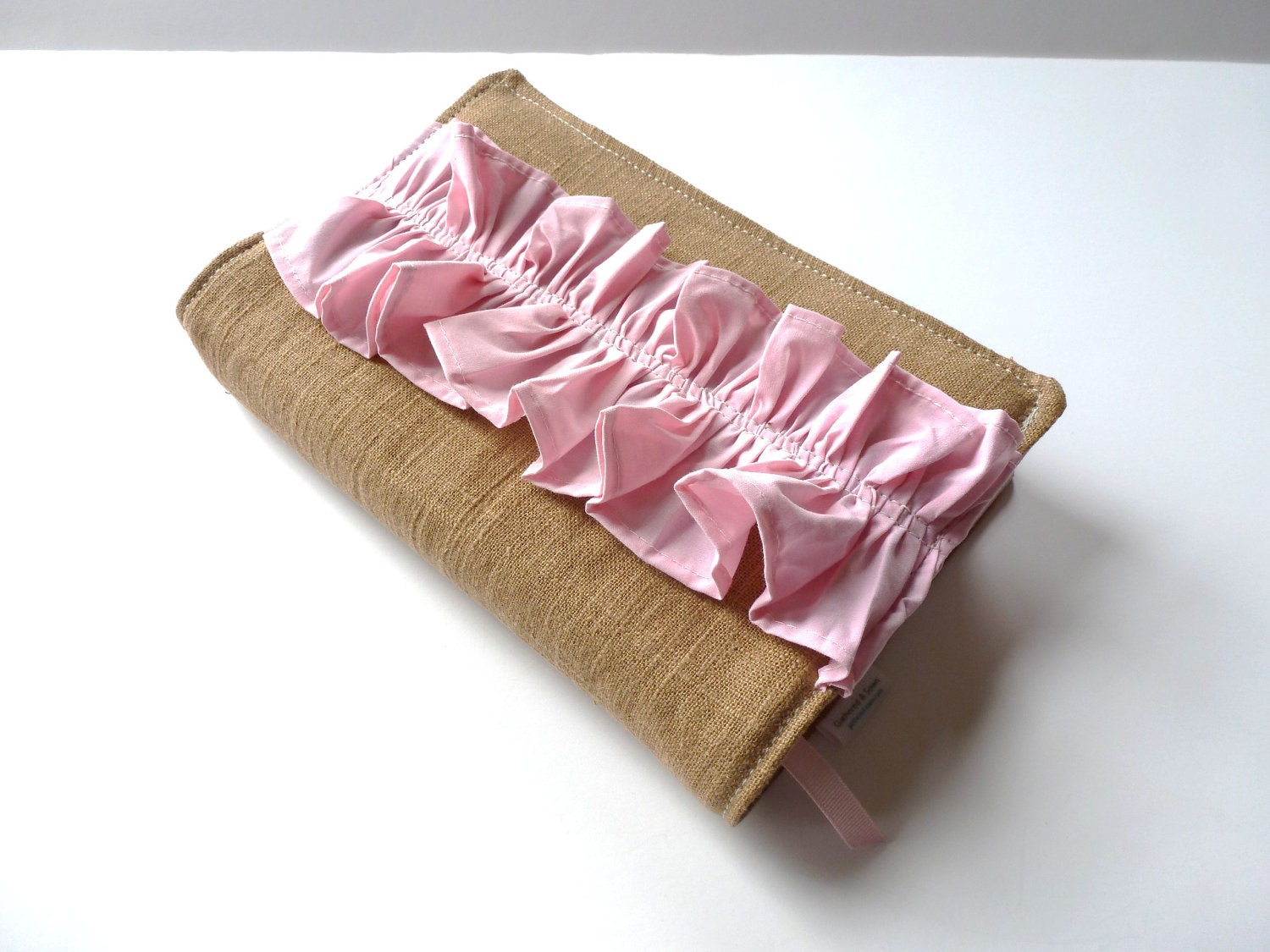 Bible Cover in Brown Linen with Pink Ruffle