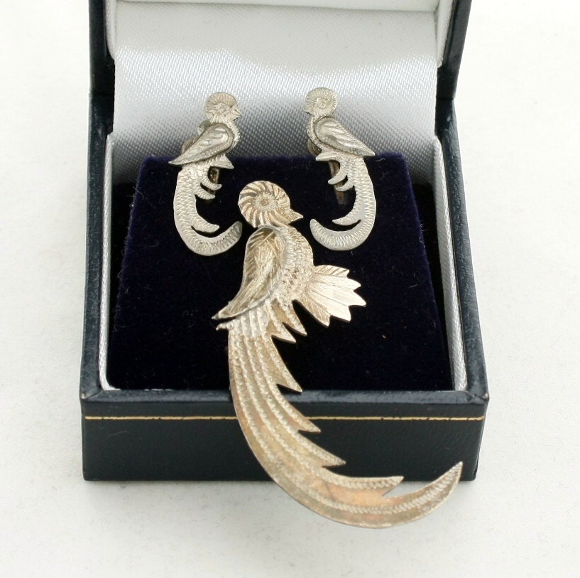 Vintage Guatemala Silver Quetzal Bird Brooch and Earrings Set