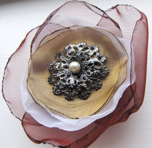 one of a kind organza and chiffon brooch or hair accessory with enamel pearl center - burgundy white gold sheer fabric flower blossom
