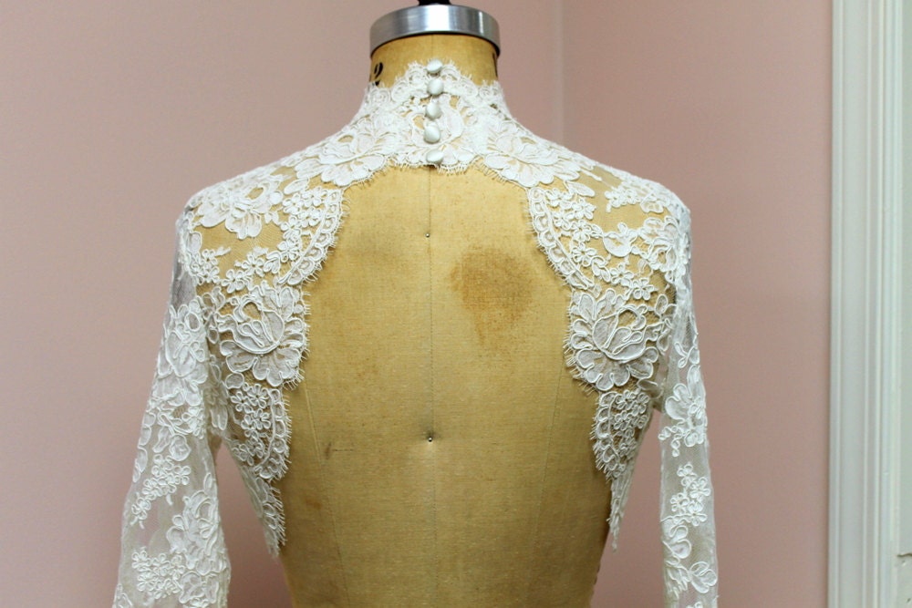 Bridal Lace Bolero Custom Keyhole Back Alencon Lace Bolero with Sleeves