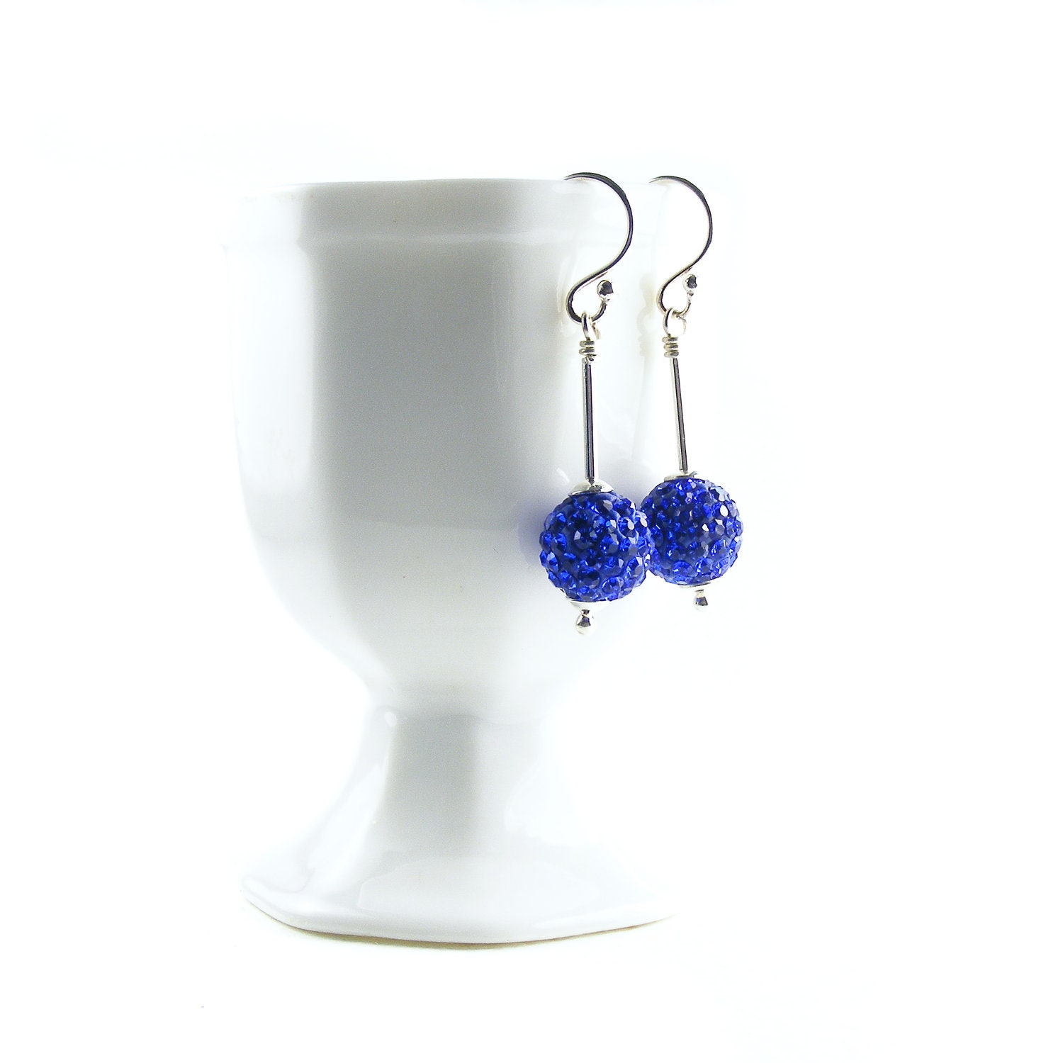 Blue Crystal Earrings, Sterling Silver Dangly Earrings, Handmade Sapphire Blue Cobalt Crystal Rhinestone Balls