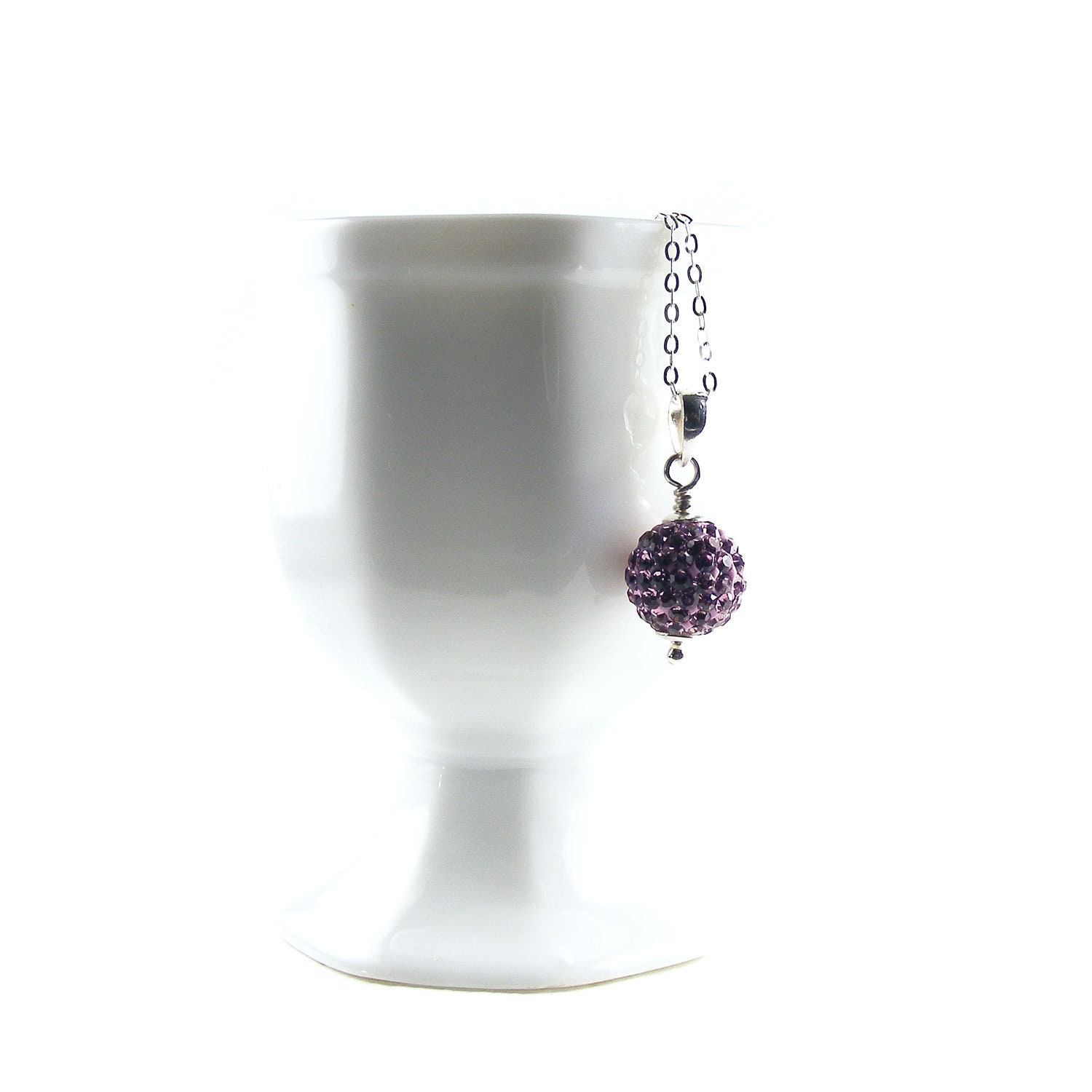 Bellflower Rhinestone Pendant, Handmade Sterling Silver Crystal Glitter Ball Necklace, Lavender Mauve