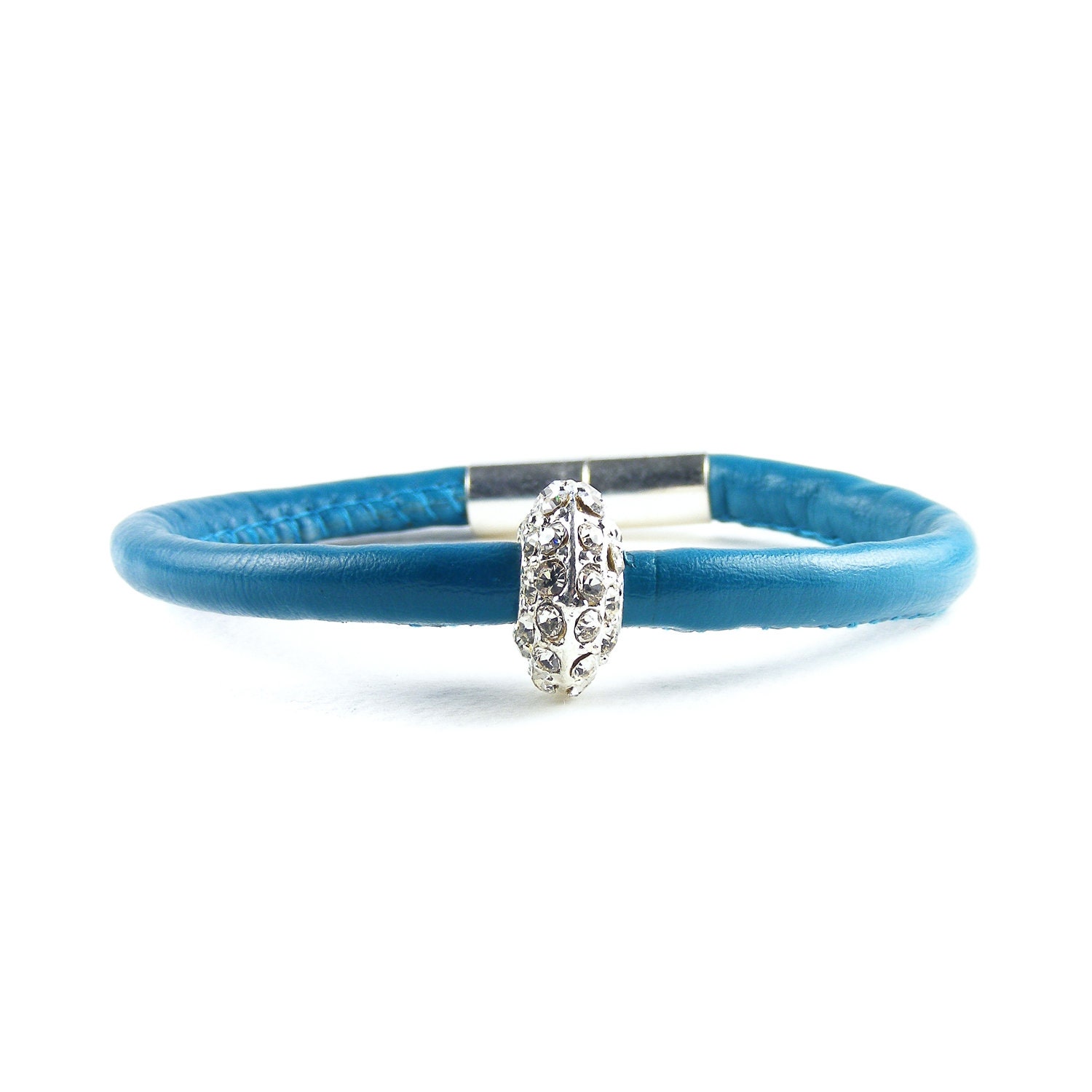Aqua Wrap Bracelet, Handmade Leather Wrap Bracelet, Turquoise Eco Nappa Leather & Crystal Cuff, Single Wrap