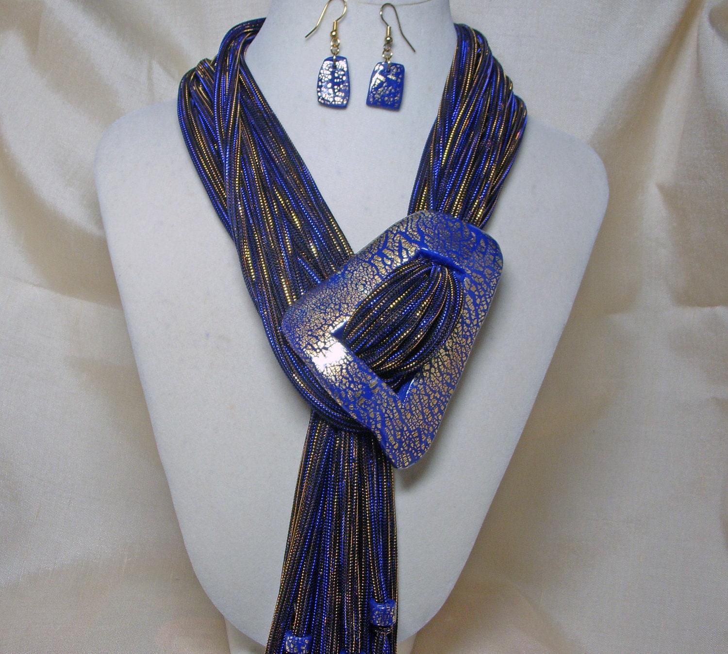Blue Scarf Necklace with Matching Buckle and Earrings