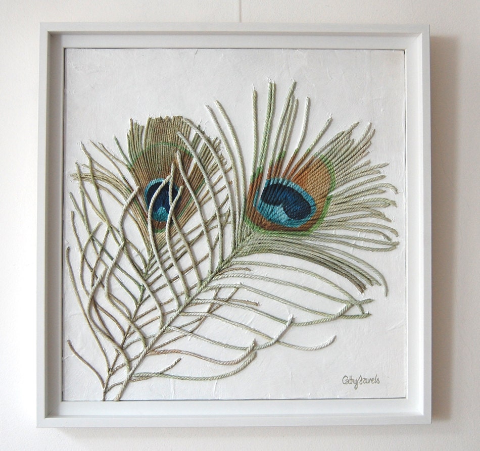 Peacock Feathers Painting - Textured String Art Wall Hanging in White Frame - Blue and Green