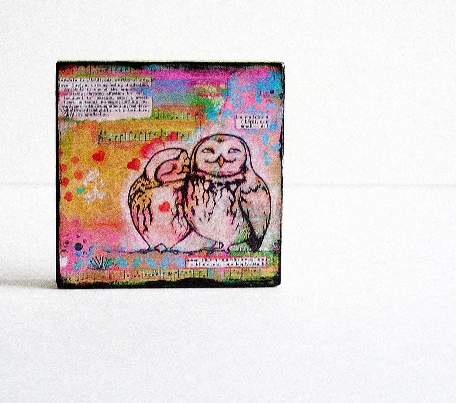 Owl Love Art Block- Print on Salvaged Wood Rosette-Green Pink Black- Valentines Gift for 10