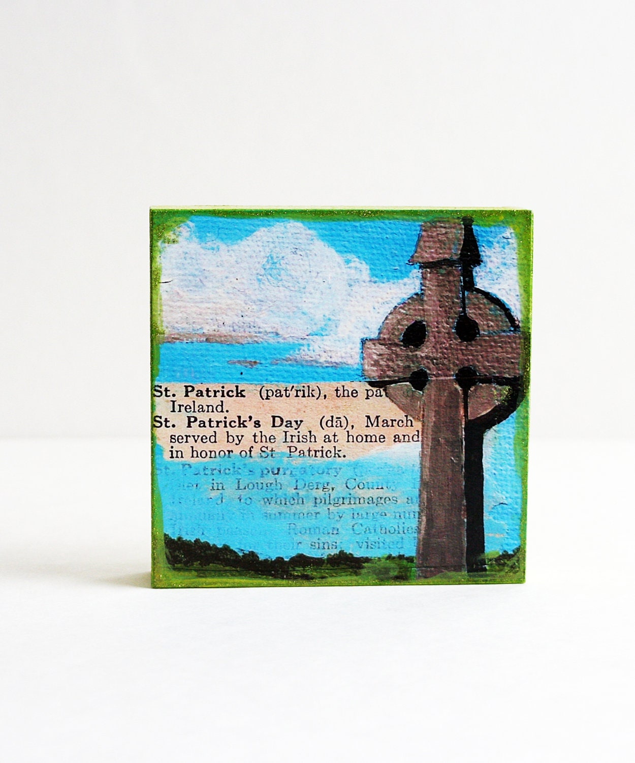 Celtic Cross Art Block- Art Print on Salvaged Rosette- Blue and Green-Gifts for 10 Stocking Stuffer