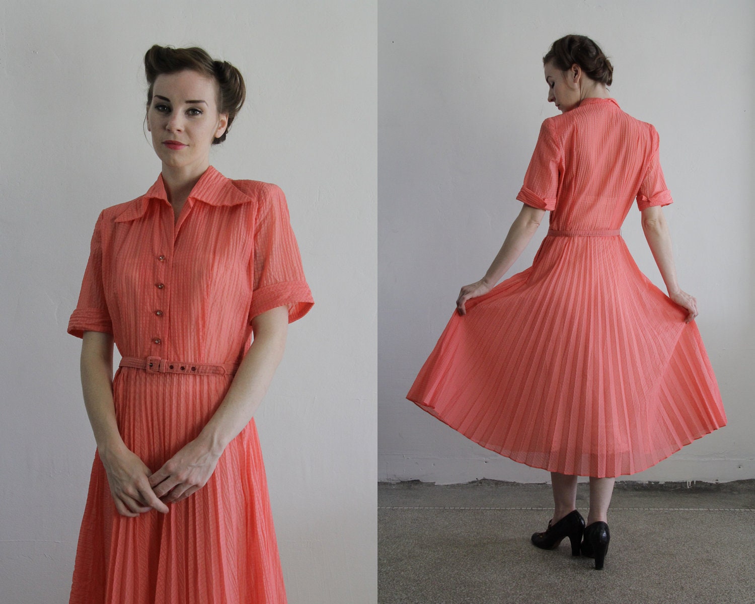 Vintage 40s Dress . NOS . Puritan Forever Young . Sheer Peach . 1940s Gown . Matching Belt . New With Tags