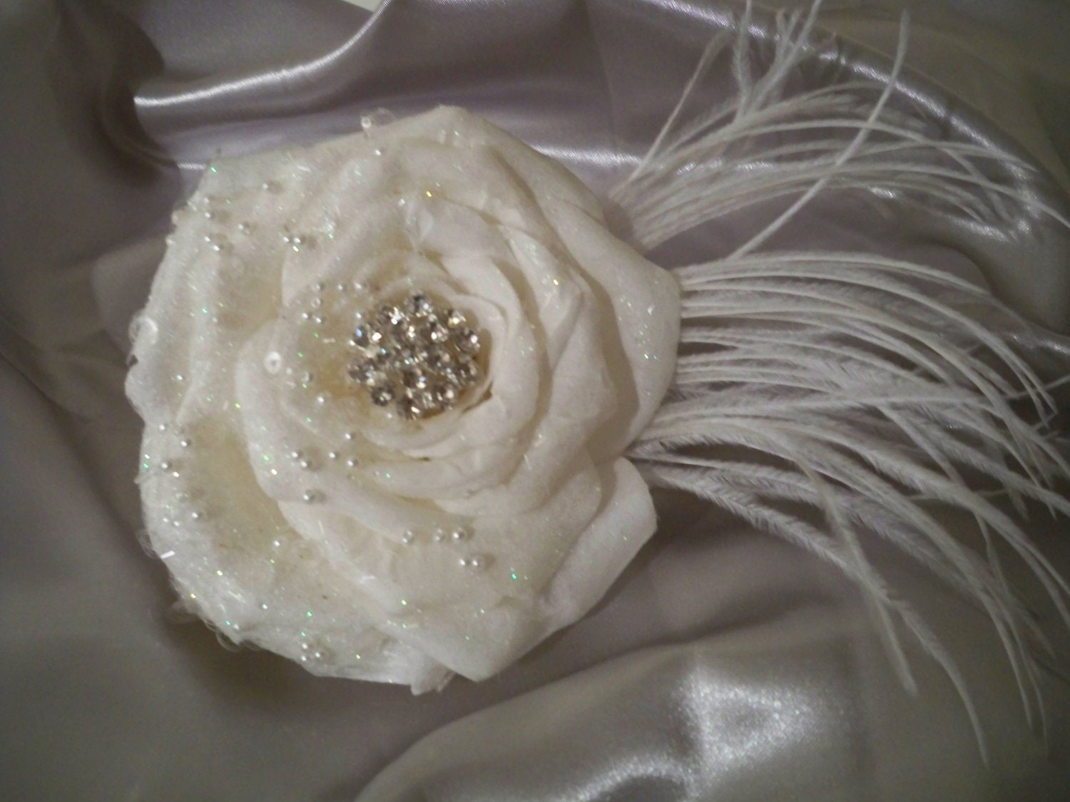 Wedding Bridal Beaded White Rose Hair Fascinator with Ostrich feathers