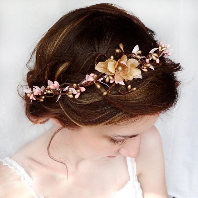 pink flower hair circlet, gold flower hair accessory, wedding flower headpiece, flower hair wreath - SERAPHIM - wedding hair accessories - thehoneycomb