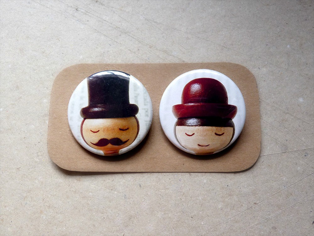 Pinback Button Pack: Sr y Sra Lopez Vintage style funny faces portrait retro hat hand painted art dolls stoking stuff