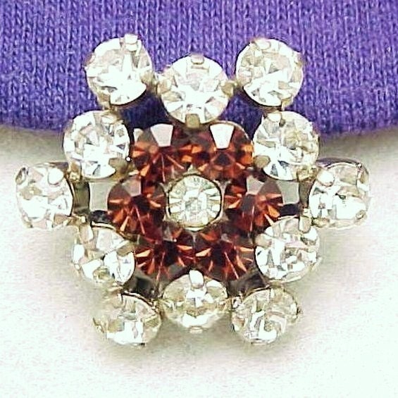 Brilliant Clear and Rootbeer Rhinestone Snow Flake Brooch Silver Tone