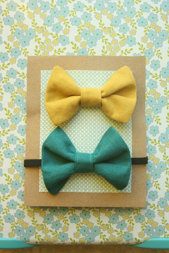Set of 2 Vintage Inspired Teal and Mustard Bow