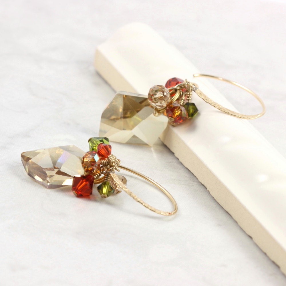 Champagne Cluster Earrings Golden Autumn Olive Green Cluster Prom Jewelry Gold Ear Wires