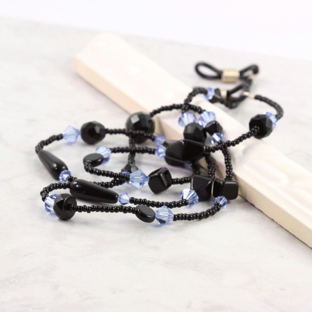 Crystal Eyeglass Lanyard Beaded Black Sapphire Blue Leash Back to School for Teacher