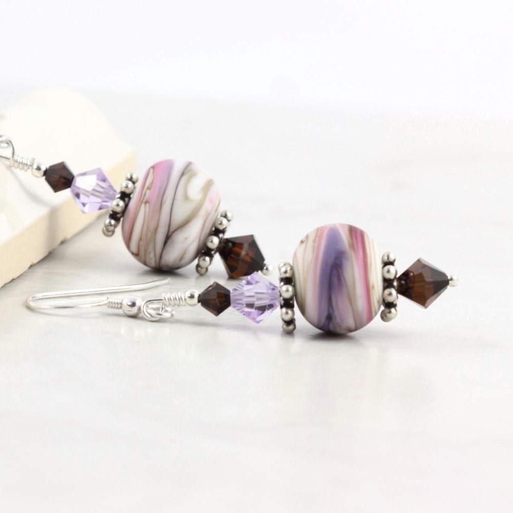 Lampwork Earrings Brown Crystal Lavender Lilac Mocha Mauve Cream