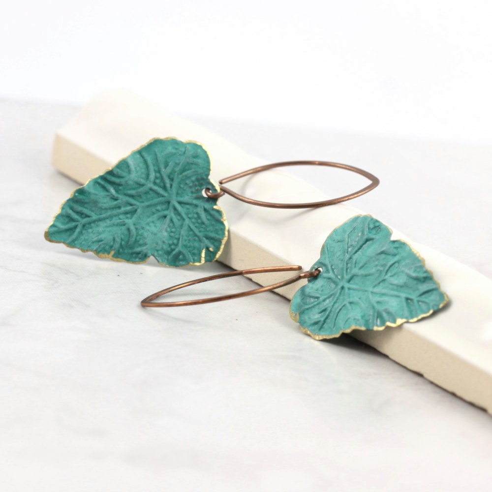 Teal Blue Leaf Earrings Rustic Brass Patina Handmade Copper Ear Wires Woodland Jewelry